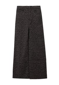 Leopardprint wijde broek in donkere tinten van bruin en zwart denim. Voorzien van frontzakken en een knoopsluiting aan de taille.