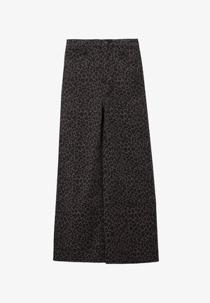 Pantalons larges en denim à imprimé léopard dans des tons sombres de marron et de noir. Comprend des poches avant et une fermeture à bouton à la taille.