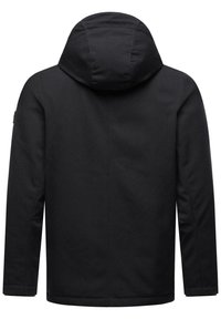 Black jacket featuring a hood, with a smooth texture and straight cut, showcasing minimalistic design without visible hardware or accents.