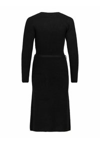 Robe midi noire en maille à manches longues, taille cintrée et ourlet droit, vue de dos sur fond blanc.