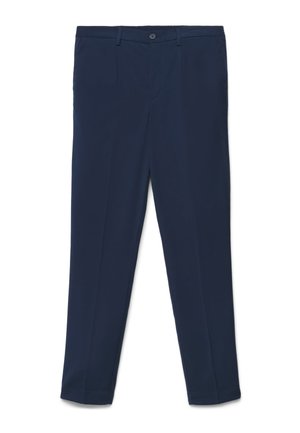 Pantalon formel bleu marine avec passants pour ceinture, bouton à l'avant, fermeture éclair et poches latérales, posé à plat sur un fond blanc.