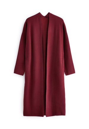 Long manteau en laine bordeaux ouvert à l'avant avec manches longues et deux poches latérales, posé à plat sur un fond blanc.