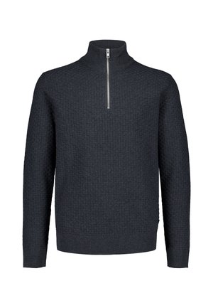 Dark gray textured knit sweater with long sleeves and a short silver zipper on the high collar.