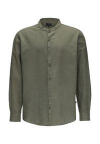 Olijfgroene lange mouwen overhemd met knopen en een mandarinekraag, zes knopen aan de voorkant en smalle manchetten.