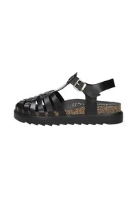 Black leather sandal featuring woven straps, a buckle closure, cork footbed, and a thick, textured rubber sole.
