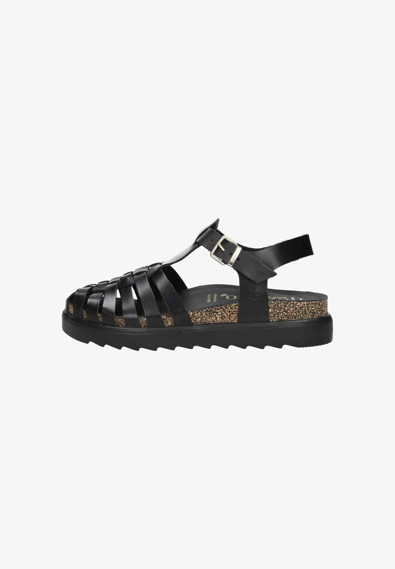 Black leather sandal featuring woven straps, a buckle closure, cork footbed, and a thick, textured rubber sole.