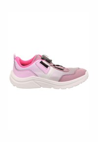 Pink und grauer Sportschuh mit strukturiertem Obermaterial, weißer Sohle und schwarzem elastischem Schnürsystem. Enthält eine Zuglasche an der Ferse.