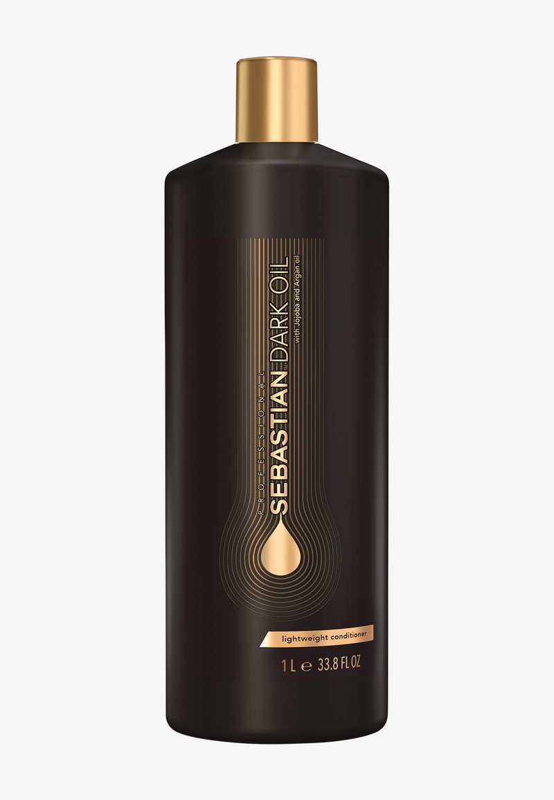 Sebastian Dark Oil lightweight conditioner in a matte black bottle, featuring gold accents and a droplet design. Volume: 1 L (33.8 fl oz).