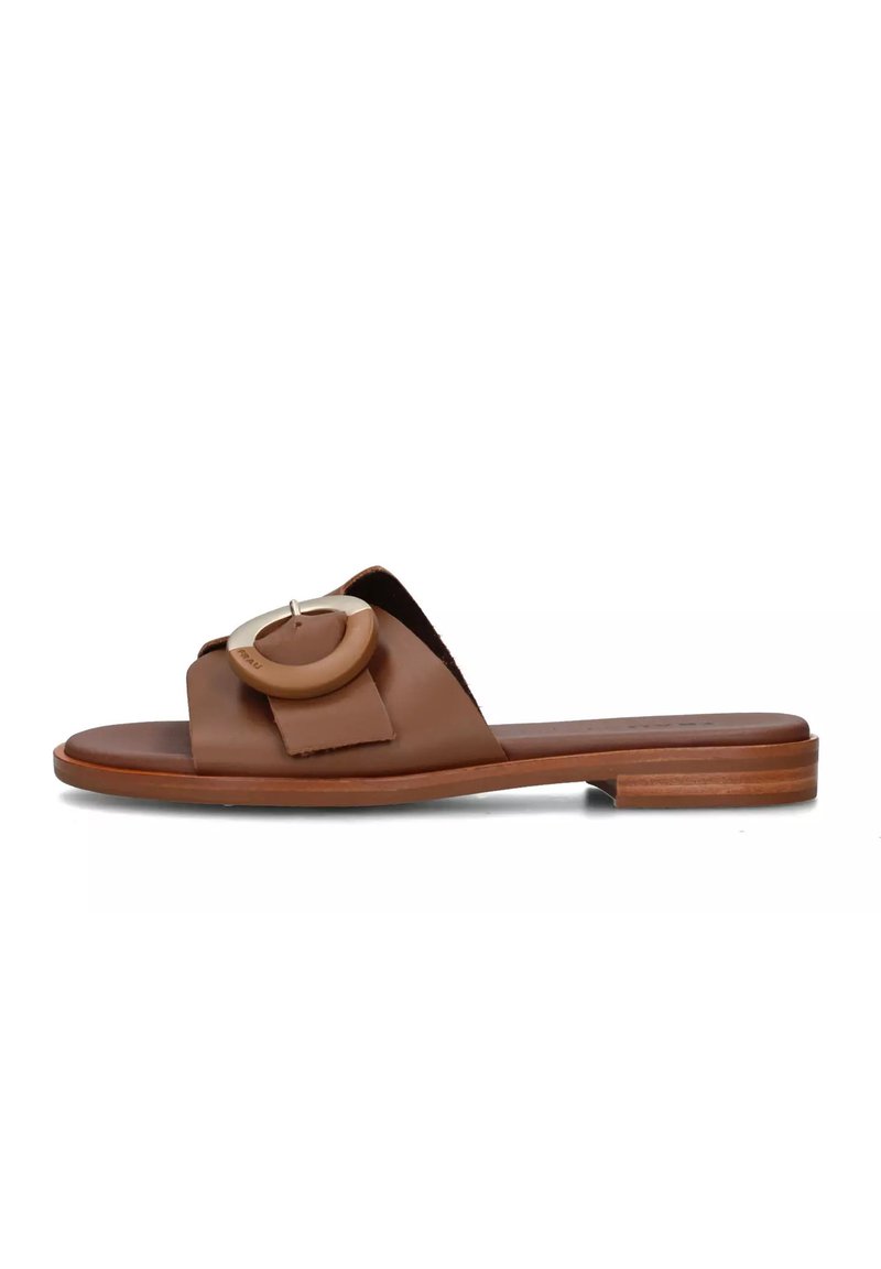 Sandali slide in pelle marrone con una fascia larga, un accento rotondo in legno e suola piatta in legno, caratterizzati da un design minimalista e una texture liscia.