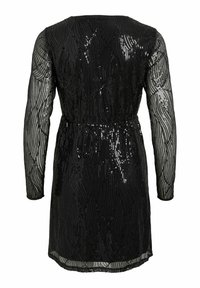 Black dress with long sheer sleeves, featuring a sequined wave pattern and a belted waist, made from lightweight, textured fabric.