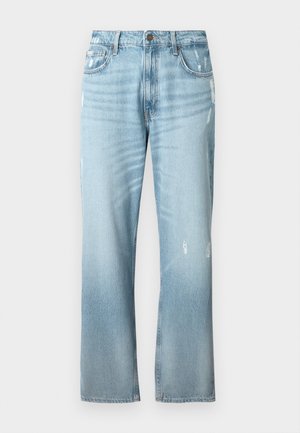 Heledad sinine teksapüksid, millel on veidi lõtv sirge lõige, kahjustatud detailid, klassikaline viie taskuga disain ja nööp sulguri.