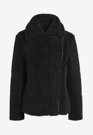 Zwarte fleece jas met een notched kraag, ritssluiting en gestructureerde stof. Het heeft lange mouwen en een ontspannen pasvorm. Geen zichtbare patronen.