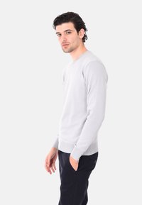 Maglione grigio chiaro con scollo a girocollo, polsini e orlo a coste, realizzato in un morbido tessuto lavorato a maglia. Indossato con pantaloni scuri e un atteggiamento casual.