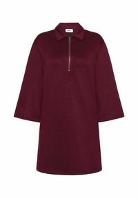 Dunkelrotes Kleid mit weiten Dreiviertelärmeln, einem Kragen und einem kurzen Frontreißverschluss mit einem runden Zugband.
