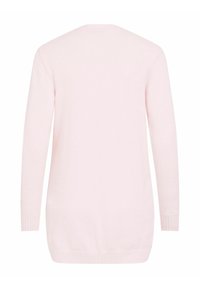 Pull en maille rose clair à manches longues avec poignets et ourlet côtelés, vu de dos sur fond blanc.
