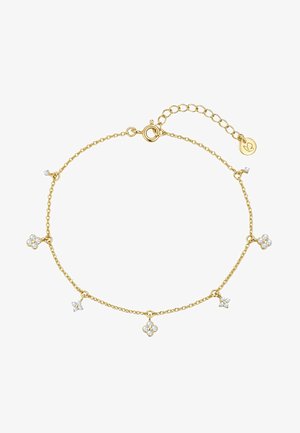 Pulsera de cadena dorada con cinco pequeños charms en forma de flor incrustados con diamantes y un cierre ajustable con una pequeña etiqueta redonda.