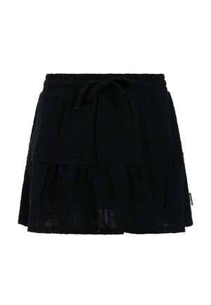 Zwarte gelaagde rok van gestructureerde stof met een taillekoord. Voorzien van decoratieve open patronen en een uitlopende silhouet.