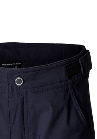 Marineblå shorts med en lige talje, der har en metalknaplukning, synlige sømme og et blødt, struktureret stof.