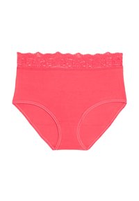 Roze hooggesneden ondergoed met een gekantte kanten tailleband, gemaakt van zachte stof met een gladde textuur en elastische randen.