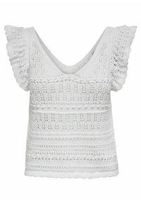 Biały dzianinowy top z dekoltem w kształcie litery V, krótkimi falbaniastymi rękawami i misternymi wzorami. Posiada teksturowane wykończenie z falbaniastym dołem.