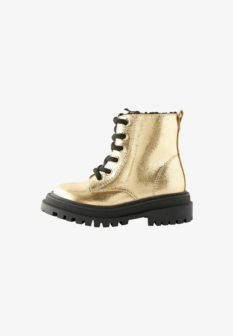 Metallic gold ankle boot with black laces, textured leather upper, round toe, chunky black sole, and contrasting black accents on the collar.