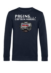 Felpa a maniche lunghe blu marina con la scritta "Paging... Captain Marvel" e un design illustrato di un dispositivo di comunicazione con un emblema a stella.