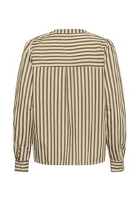 Blusa a maniche lunghe con strisce verticali beige e bianche, strisce orizzontali sulla parte superiore della schiena, polsini con bottoni e una piega al centro della schiena.
