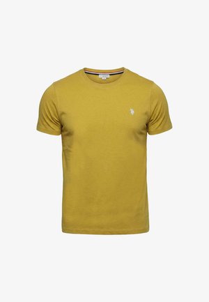 T-shirt giallo senape a maniche corte con scollo tondo, piccolo logo bianco ricamato sul petto sinistro, tessuto in cotone, taglia media.