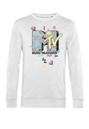 Hvid langærmet sweatshirt med et farverigt MTV Music Television grafisk design, herunder mønstre, former og nuancer i blå, pink og gul.