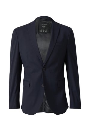 Marineblauer Blazer mit einer Zwei-Knopf-Verschluss, eingesetzten Revers und einer einzelnen Brusttasche. Hergestellt aus glattem Stoff mit satinierter Innenausstattung.