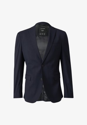 Blazer blu navy con chiusura a due bottoni, revers a punta e taschino sul petto. Realizzato in tessuto morbido con finitura satinata all'interno.