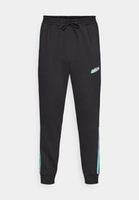 Pantaloni de trening negri cu talie cu șnur, având o dungi turquoise pe lateral și un logo brodat pe partea stângă din față. Textură de țesătură moale.