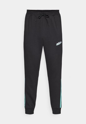 Zwarte sweatpants met een trekkoord in de taille, met een turquoise zijstreep en geborduurd logo op de linker voorkant. Zachte stofstructuur.
