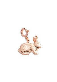 Rosa guldkanin charm med en strukturerad yta och en clasp för fäste, med distinkta öron och en sittande kroppshållning.