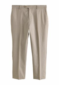 Pantalon beige en tissu lisse, avec une fermeture à bouton, des poches avant et une coupe droite. Pas de motifs ni d'accents visibles.