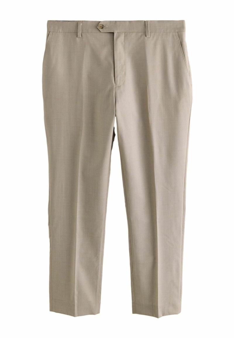 Pantaloni beige realizzati in tessuto liscio, con chiusura a bottone, tasche anteriori e un design a gamba dritta. Nessun motivo o accento visibile.