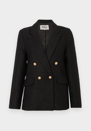 Crni dvoredni sako s teksturiranom površinom, zlatnim dugmadi, oštrim reverima i dva prednja džepa. Podstavljeni unutrašnjost.