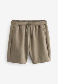 Shorts en coton mélangé marron avec une taille élastique, cordon de serrage et poches latérales. Présente un design uni et une texture douce.