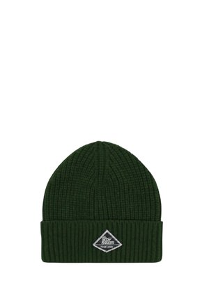 Cappello a cuffia in maglia costina verde scuro con risvolto e piccola toppa con il logo Roy Rogers a forma di diamante sul davanti.