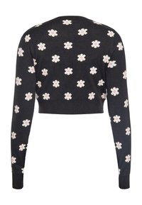 Maglione corto nero con maniche lunghe, caratterizzato da un motivo floreale in bianco e viola, texture morbida e polsini e orlo a costine.