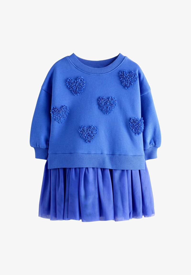 Blaues Mädchenkleid mit langen Ärmeln, das sechs strukturierte 3D-Herzapplikationen oben und einen plissierten Rocksaum aufweist.