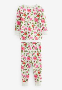 Blommönstrad pyjamas med långärmad topp och byxor. Vit bakgrund med rosa, röda och gröna blommor. Mjuk bomullsmaterial.
