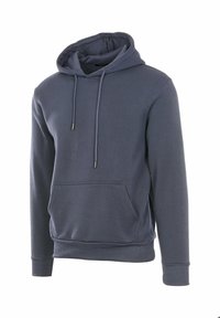 Felpa in cotone blu navy con cappuccio regolabile, tasca frontale e polsini e orlo a costine. Texture liscia con un design informale.