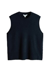 Maglione senza maniche color blu navy in morbida lana, con scollo rotondo e bordi a coste. Design minimalista, senza motivi o accenti visibili.