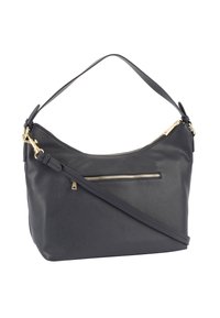 Donkere leren schoudertas met een gebogen vorm, voorzien van een goudkleurig ritsvak aan de voorkant en een verstelbare riem.