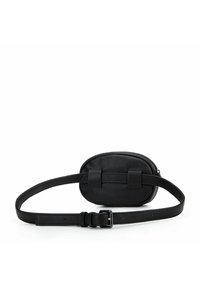 Borsetta a cintura in pelle nera con forma ovale, chiusura con zip e due cinghie piatte sul davanti. Cinghia regolabile per un uso versatile.