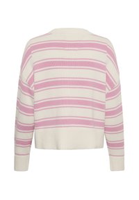 Pull rayé avec des rayures horizontales roses et blanches, col et poignets côtelés, au design décontracté et court. Matière douce en maille.