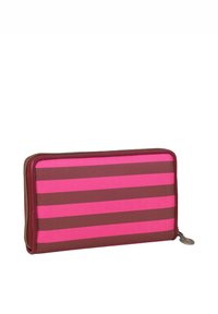 Rectangular wallet featuring pink and brown horizontal stripes. Made from textured material with a zipper closure and metal accent.
