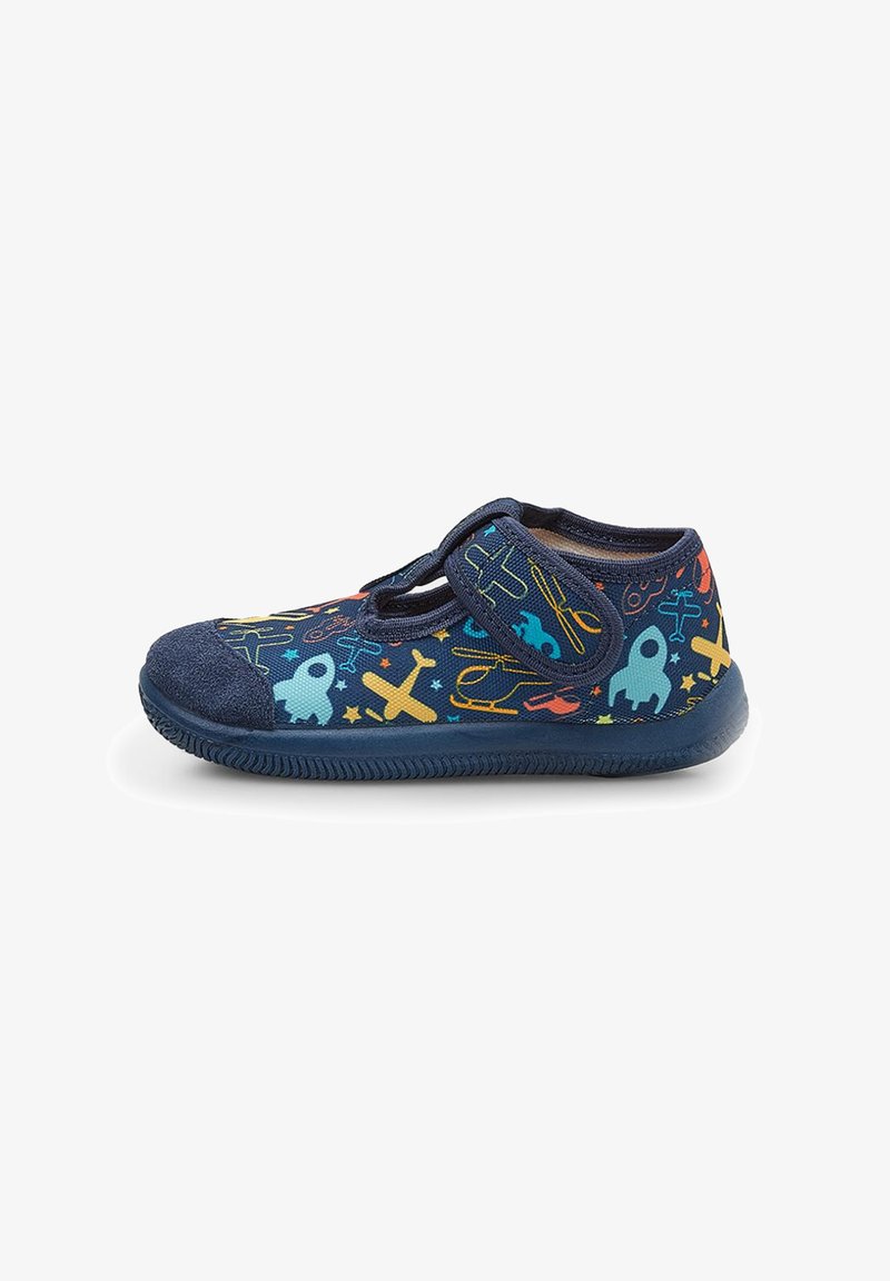 Navy toddler shoe with a hook-and-loop strap, decorated with colorful rocket, airplane, helicopter, and star patterns.