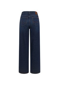 Dunkelblaue weit geschnittene Jeans aus Denim. Mit zwei Gesäßtaschen mit Stichakzenten und einem Leder-Logo-Patch am Bund.